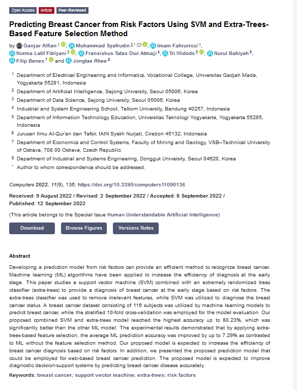 Computers_MDPI's tweet image. #mdpicomputers 
🔖Highly Cited Paper in 2022
📌#Predicting #Breast #Cancer from #Risk Factors Using #SVM and #Extra-#Trees-Based #Feature #Selection #Method 
✍️Alfian, G. et. al. 
👉mdpi.com/1825406