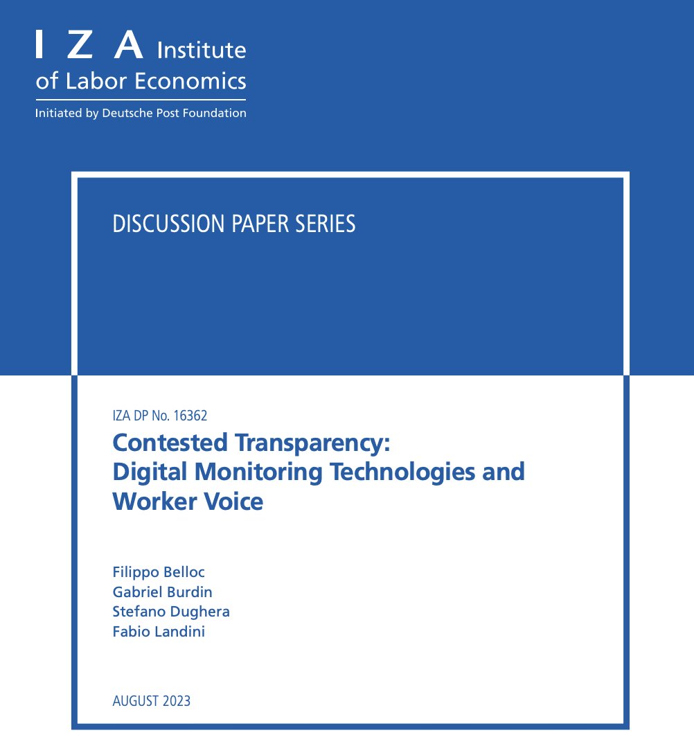 <a href="/iza_bonn/">IZA</a> DP No. 16362: "Contested Transparency: #Digital #Monitoring Technologies and #WorkerVoice" iza.org/publications/d…