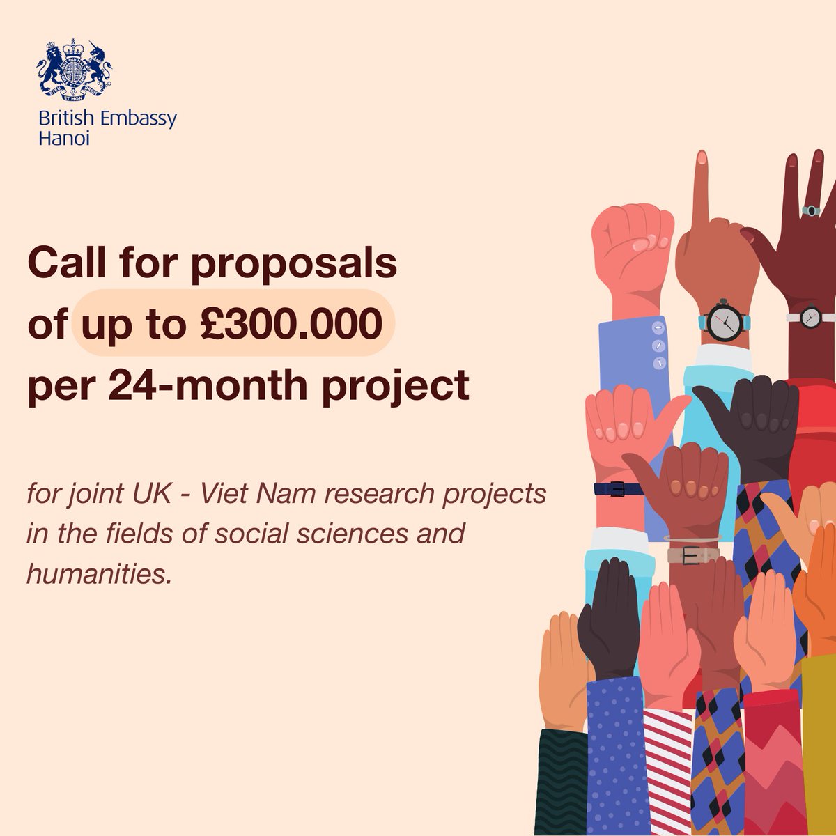 Vietnamese and British scientists are invited to submit joint research proposals of up to £300,000 in the fields of social sciences & humanities. This programme is funded by the UK government through the @BritishAcademy_ >> More information: lnkd.in/gnFn9WhY