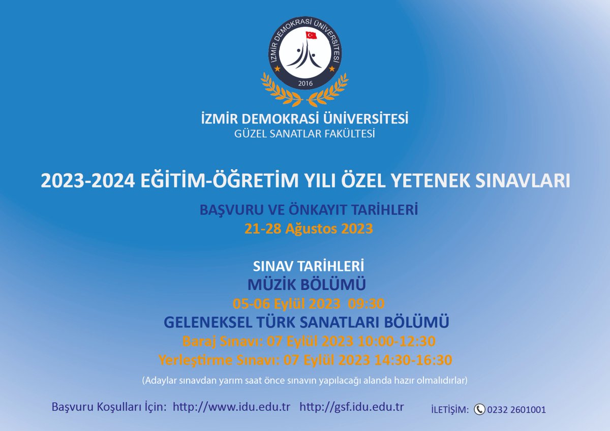 Başvurularımız başlamıştır!
#izmirdemokrasiüniversitesi
#güzelsanatlarfakültesi
#müzik