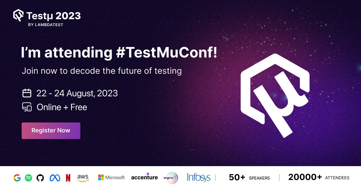 👋 Excited to be part of Testμ Online Conference 2023 (Aug 22-24)! Join me and 50+ global leaders from dev and testing teams for 35+ insightful sessions. Let's connect at this top testing event with 20k+ attendees. #TestMuConf #QA #Conference 🌐🔍