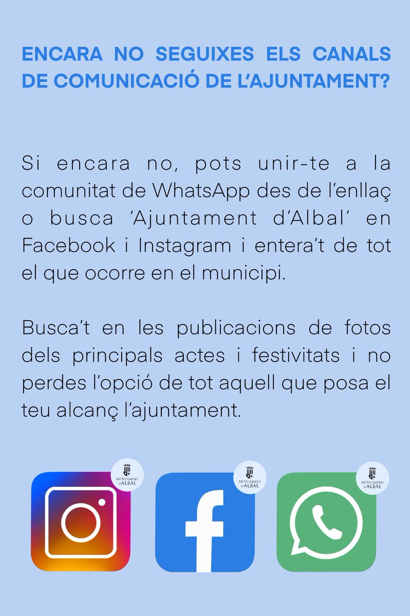 📞WhatsApp: chat.whatsapp.com/Kp6xsXqD5NL8eo…
💻Facebook: facebook.com/AjuntamentAlbal
🕊Instagram: instagram.com/ajuntamentalbal