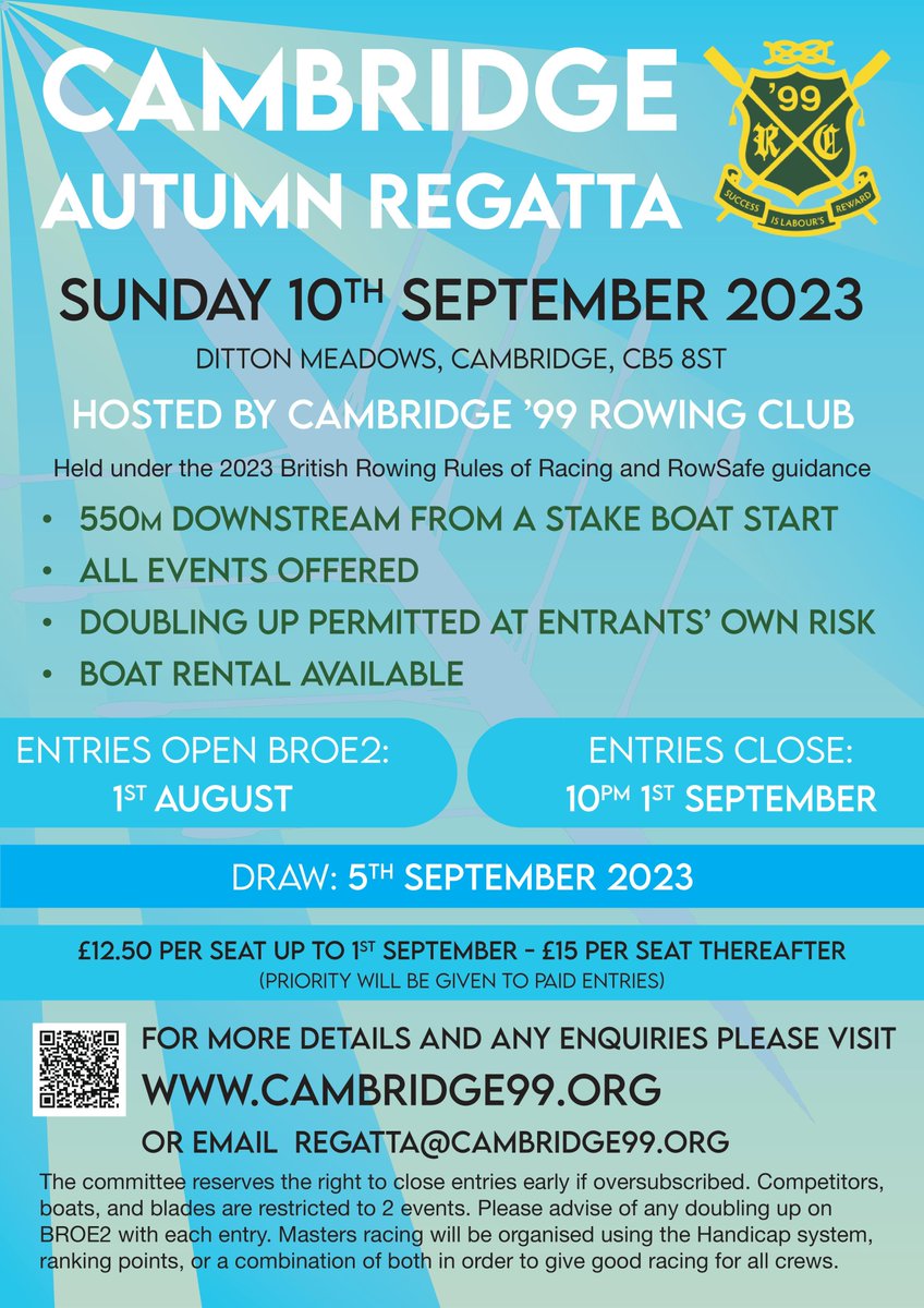 Come one, come all! We're in the process of collecting entries for the Cambridge Autumn Regatta-- Open now on BROE, closes on Sept 1. Email us with any questions.
