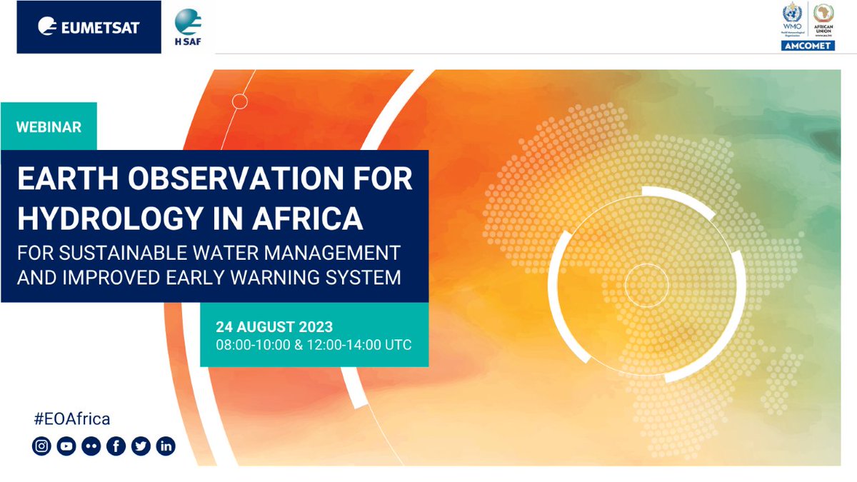 eumetsat's tweet photo. Together with experts in #Africa we would like to present more information on EO for hydrology at our next #EOAfrica webinar!

📆 24 August
🕜 08:00 to 10:00 and 12:00 to 14:00 UTC
🔗 https://t.co/ibCKpSJrZo 

Join us next week to find out more 🌍 🛰
2/2 https://t.co/y0409lXqDs
