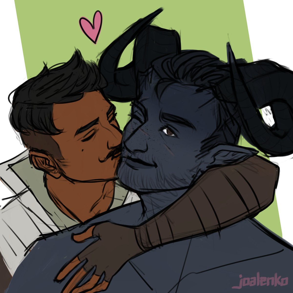 joalenko's tweet photo. throwback to an old sketchy bday present for @hoiistno back in 2021, featuring Dorian and Arn <3 
—
#dragonage #dragonagefanart #dorianpavus #adaar https://t.co/dSZgJEgEuv