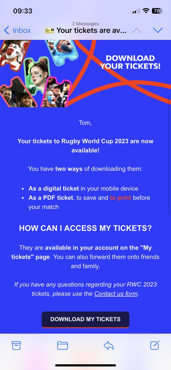 ThomasTBarrett's tweet photo. I’m having issues accessing my tickets as the link in the email is erroring. @rugbyworldcup can you help? https://t.co/5U6DvqB5ru