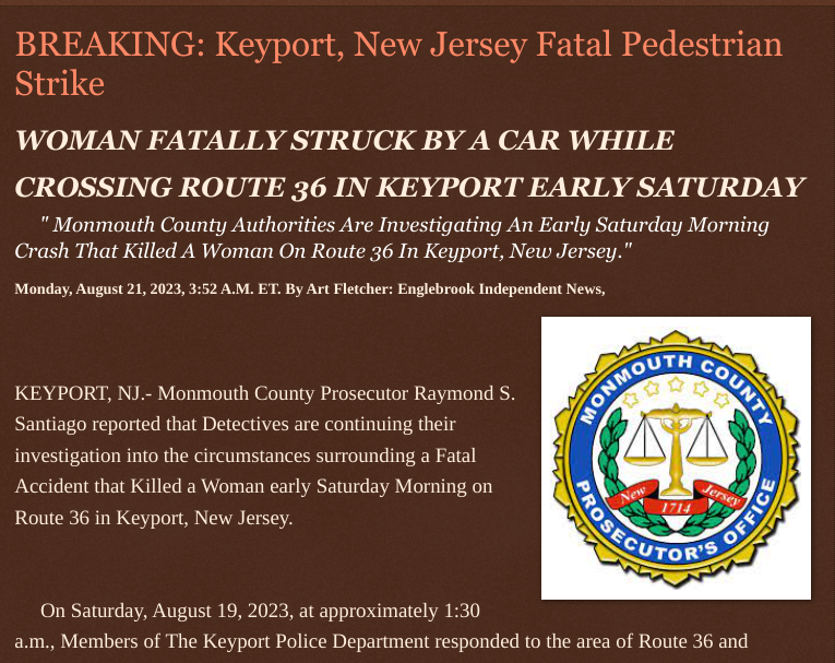 ArtFletcher9's tweet photo. Monday, August 21, 2023
#BREAKING: #Keyportnj #Fatal #Pedestrian #Strike
#WOMAN #FATALLY #STRUCK BY A #CAR WHILE CROSSING ROUTE 36 IN KEYPORT EARLY SATURDAY #monmouthcountynj #crash #investigation #death @wireless_step @HRG_Media @SkyNewsBreak @Breaking911 @Breaking24_7 @Tampabayboo @ECOAlphaTango @CooperPJake @LATS121416 @mericanaf7 @monmouthcountynj @caracola7mares @thepatersonian @SugarMAGA @TrumpWasRight20