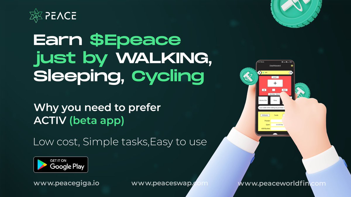 peace_Giga's tweet photo. Want to earn $Epeace & $Peace by walking, cycling, & sleeping 

-- Low Cost
-- Simple tasks, 
-- Simple UI
-- Gaming zone 
And much more exciting features 

Earn nearly 100$ - 1000$ per month 

- Refer your Friend 
- Complete simple tasks

Beta app link :

https://t.co/UAs6xU7Ing

#Asake02Arena #Luna25 #Bnb    #btc    #nft #airdrop #market #investments
