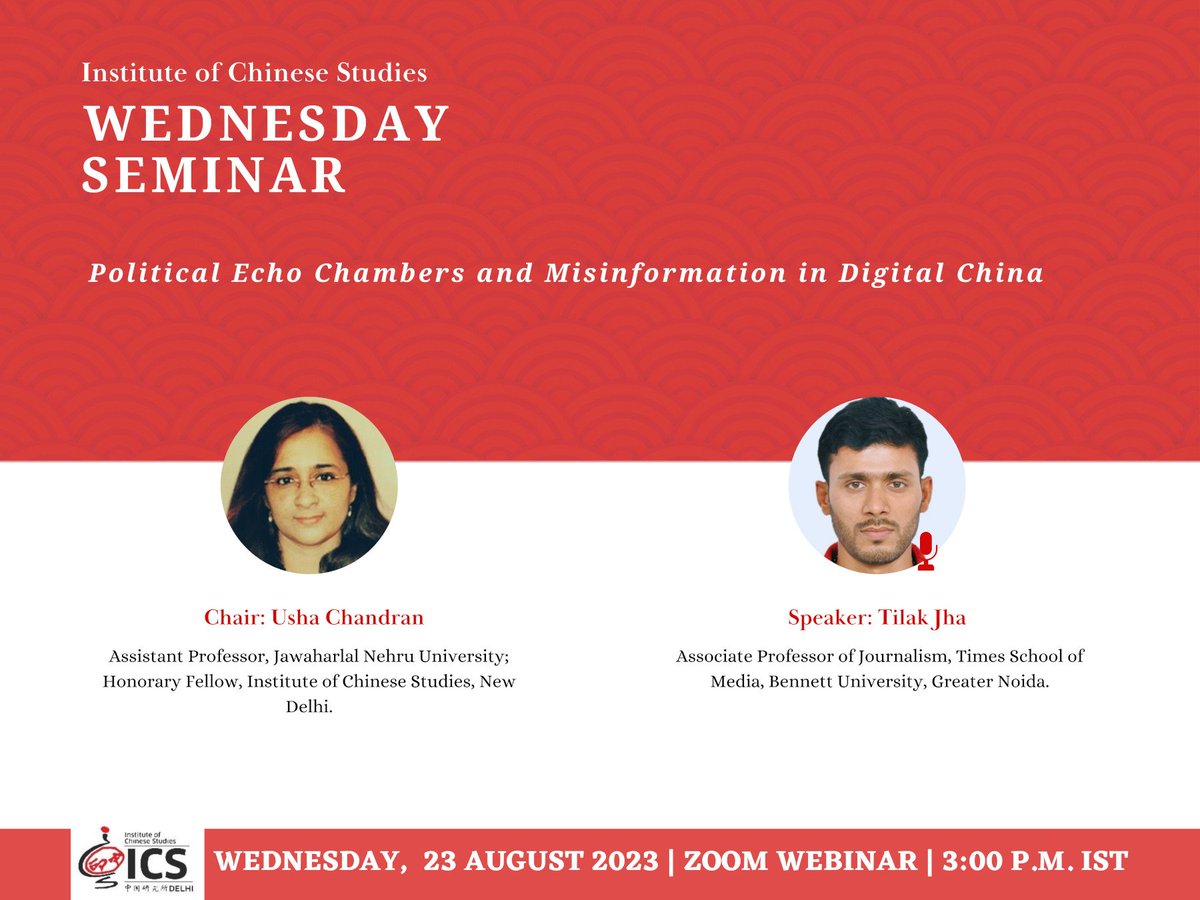 ics_delhi's tweet image. 📣#TwoDaysToGo
Join our #WednesdaySeminar on &quot;Political Echo Chambers and Misinformation in Digital China&quot;.
𝐒𝐩𝐞𝐚𝐤𝐞𝐫- Dr. Tilak Jha
𝐂𝐡𝐚𝐢𝐫- Dr. Usha Chandran
23rd Aug &apos;23, 3PM 
Register- bit.ly/Aug23_WS
Details- bit.ly/Aug23_Details