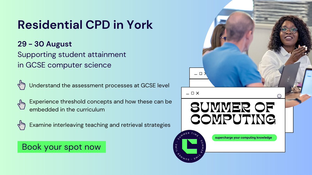 WeAreComputing's tweet image. ๐ข AUGUST RESIDENTIAL CPD ๐ข
Although we can't quite promise the weather for it, join us for an extended August bank holiday in York with our last #SummerofComputing residential! ๐ 
Who knows, you may even receive a FREE goodie bag on arrival ๐๐๏ธ
๐ ncce.io/PHsOvP