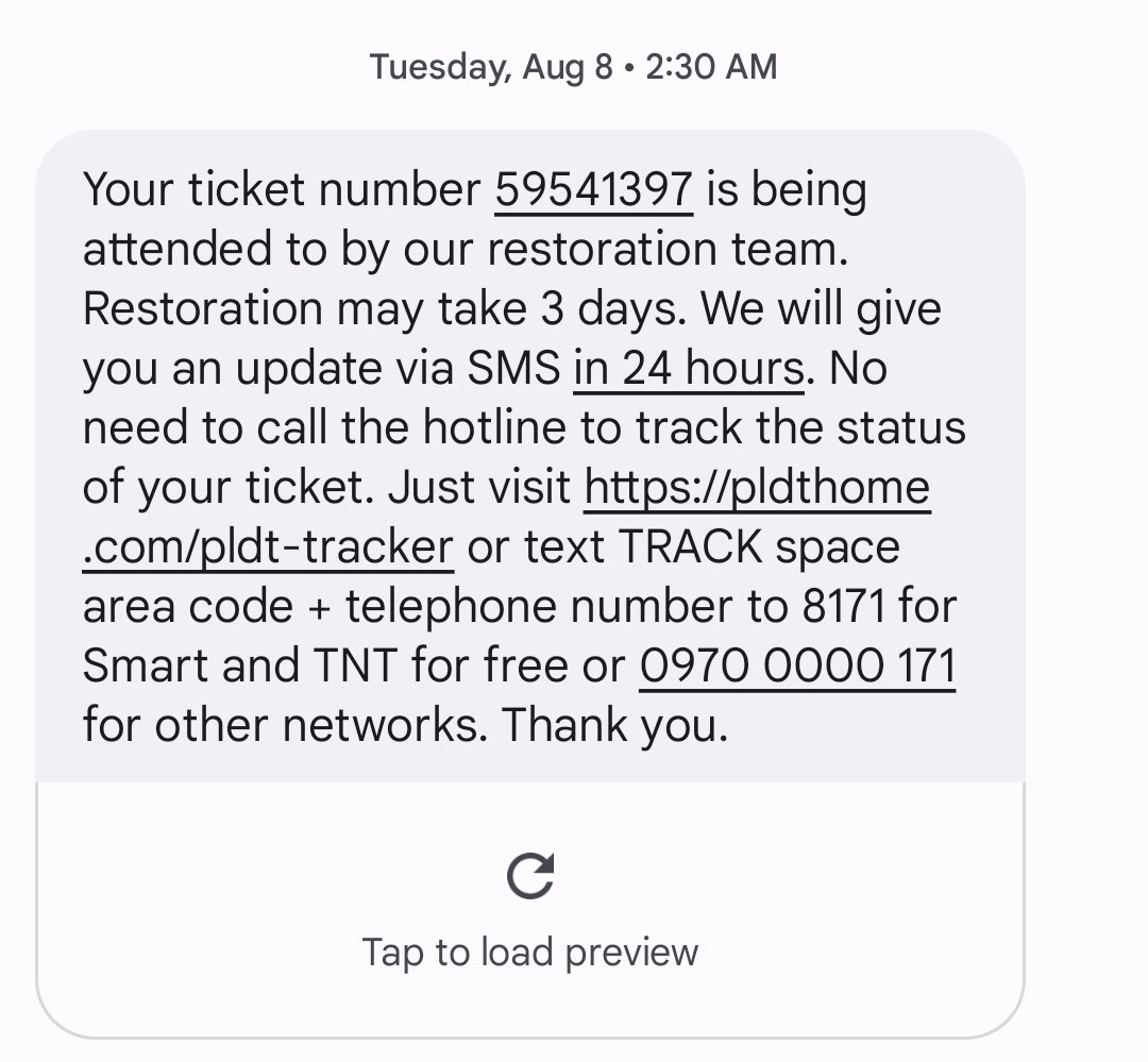 erwin_barcarse's tweet photo. @PLDT_Cares @DtiPhilippines
I dont need another generic response.
I was already prompt by support and sms update that restoration will only take 2-3 days.
This photo is sent August 8.
Its august 21. https://t.co/heVWI4dYth