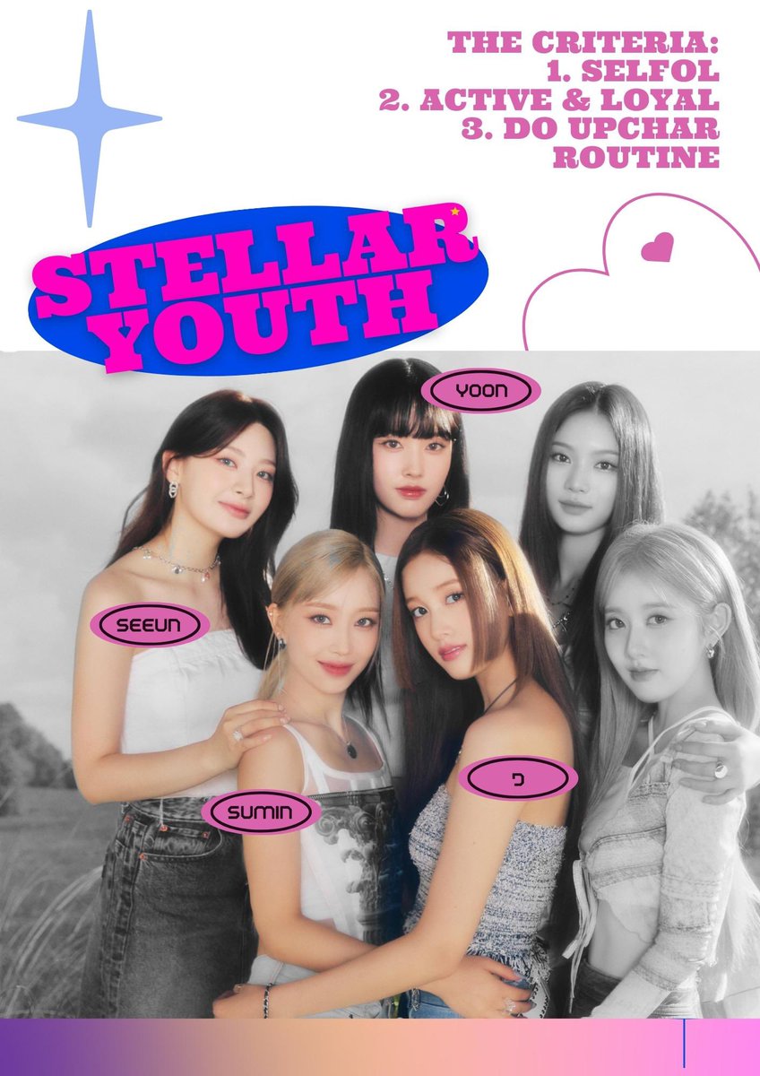 Greetings! We are StellarYouth, a newly STAYC squad. We're looking for our missing member (the colored one). Reply to this with your best reply if you are one of them. We are also looking for squads and OA to befriend with. Kindly retweet &amp; tag your sq and OA! Thank you! ⭐️