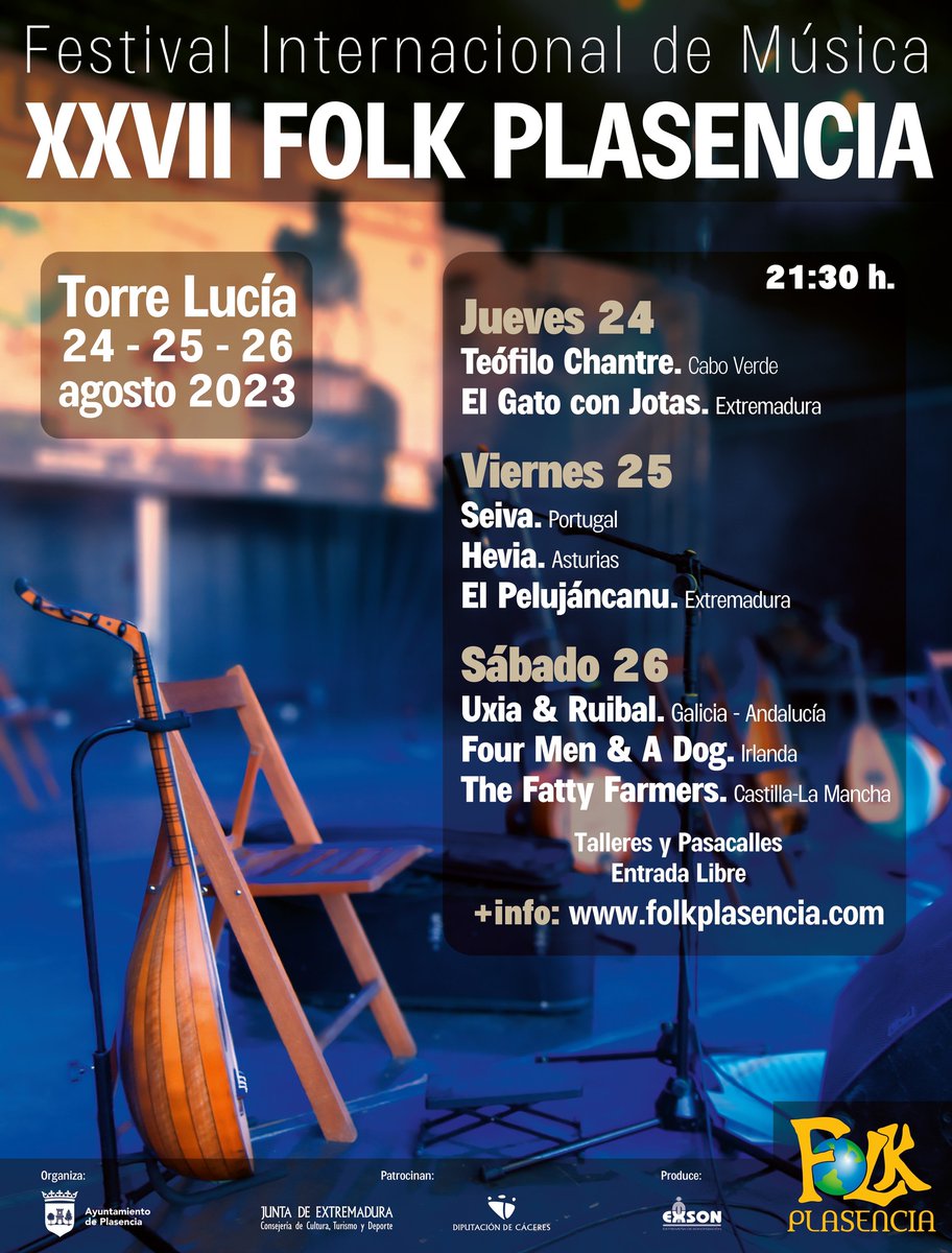 🎵 Festivales para el finde (2/3) ➡️ <a href="/_folkplasencia_/">Festival Folk Plasencia</a> 
🗓️ Del 24 al 26 de agosto en #Plasencia
3 noches de conciertos en Torre Lucía con Hevia, El Gato con Jotas, El Pelujáncanu o The Fatty Farmers, entre otros.
🔗 folkplasencia.com