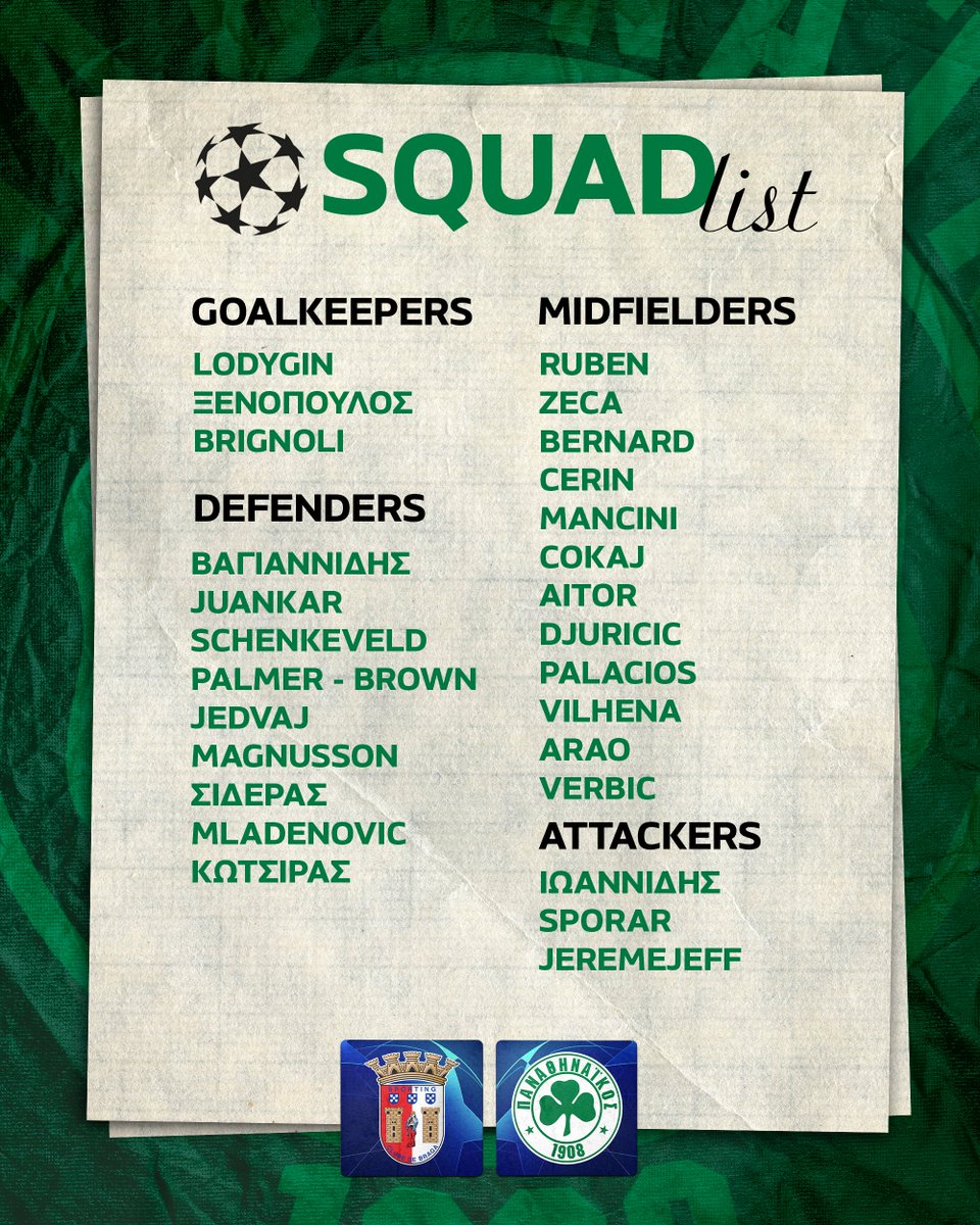 paofc_'s tweet photo. 📋Squad list for Portugal!
#Panathinaikos #PAOFC #BRAPAO #UCL https://t.co/s7iGnmkHbJ