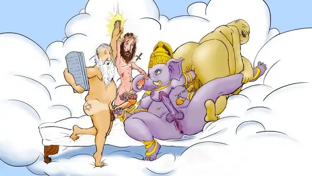 Ivarpi's tweet photo. Following the publication of this image, in which the most cherished figures from multiple religious faiths were depicted engaging in a lascivious sex act of considerable depravity, no one was murdered, beaten, or had their lives threatened. 
https://t.co/tUeYjashLl https://t.co/q7HpsZATVg