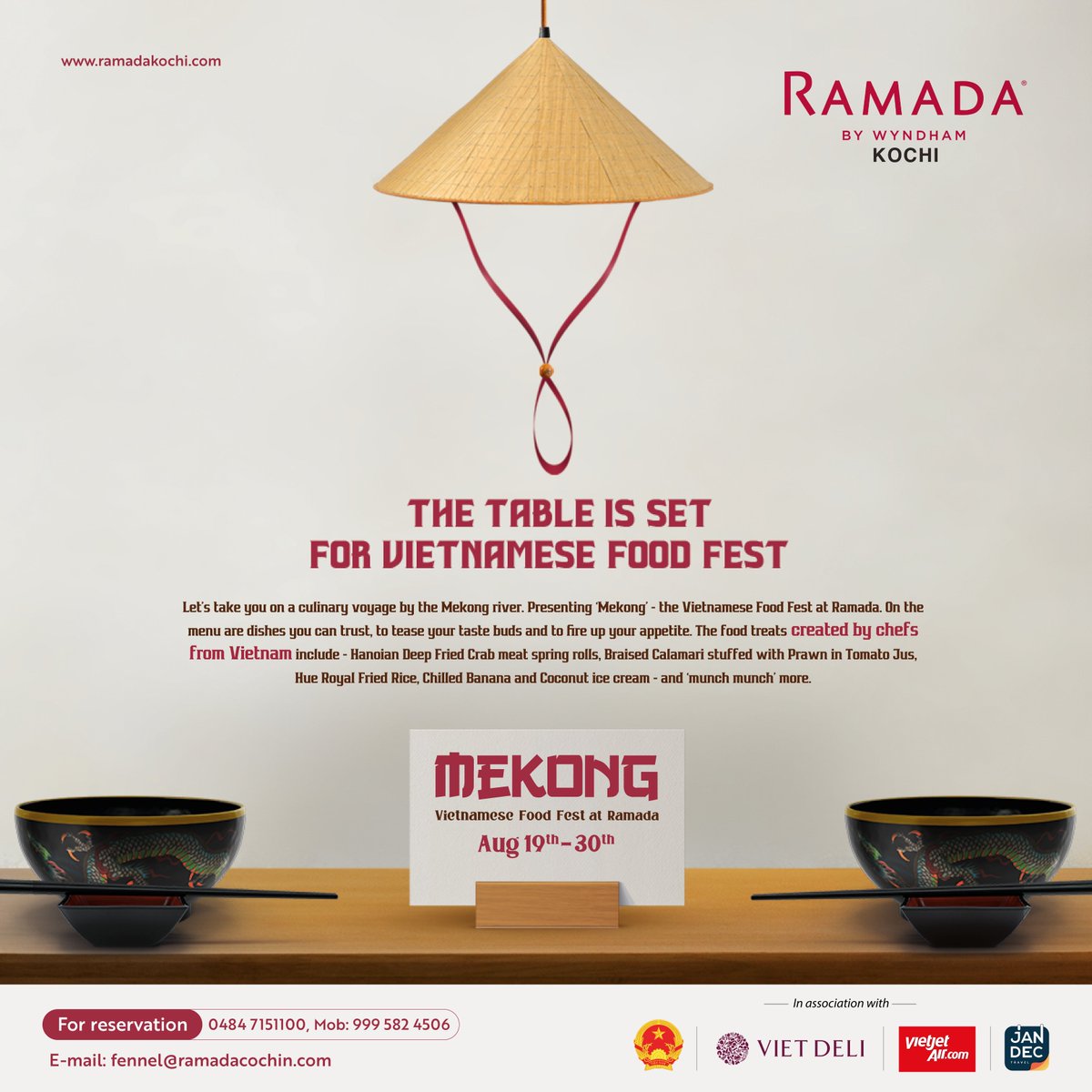 RamadaKochi's tweet photo. Savor the vibrant flavors of Vietnam at the Mekong Vietnamese Food Festival, starting from Aug 19th to 30th at Ramada Resort Kochi! Dive into an exquisite culinary journey along the Mekong, where tradition meets innovation, and every bite tells a story. https://t.co/EHDnQ9kEx3