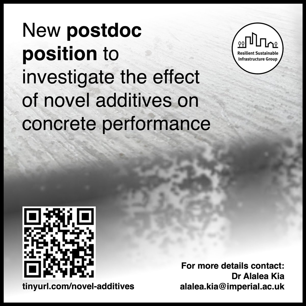 ‼️We are hiring a #postdoc to study the effect of novel additives on the structural &amp; durability performance of #concrete in <a href="/ReSusInfra/">Resilient Sustainable Infrastructure Group</a> @ImperialCiveng <a href="/imperialcollege/">Imperial College London</a> with <a href="/Petit_Group/">Petit Materials Lab</a> &amp; <a href="/OkMatar/">Omar Matar</a>. More details 👇
imperial.ac.uk/jobs/descripti…
