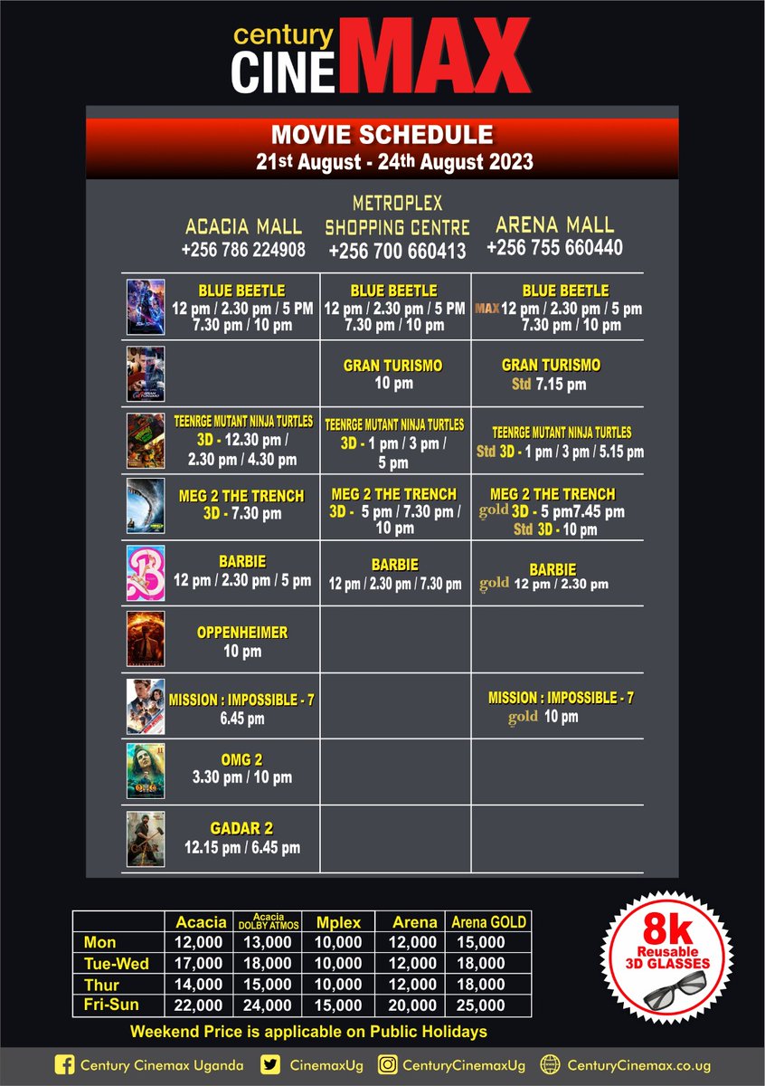Updated schedule of the week
👇  Valid till Thursday 24th Aug. 
#Newmovie
#BlueBeetle   
#Oppenheimer

#NowShowing #Gadar2 #OMG2 #Meg2TheTrench #TheMegMovie
#TMNTMovie
@CinemaxUg