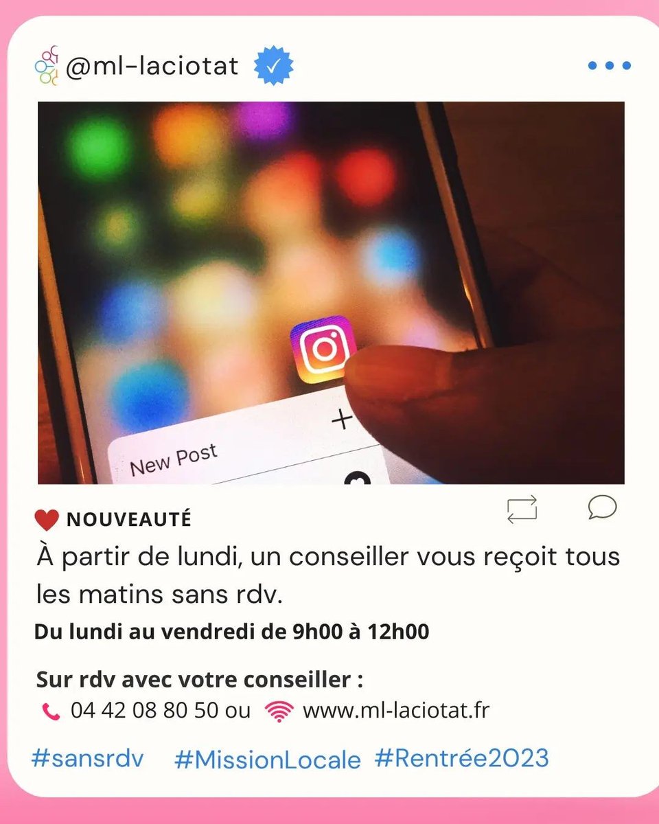 <a href="/ml_laciotat/">ML du canton de La Ciotat</a> #Nouveau
Un conseiller vous reçoit sans rdv du lundi au vendredi de 8h30 à 12h00
Sur rdv avec votre conseiller:
📅 ml-laciotat.fr ☎️ 04 42 08 80 50
#sansrdv #MissionLocale #Laciotat