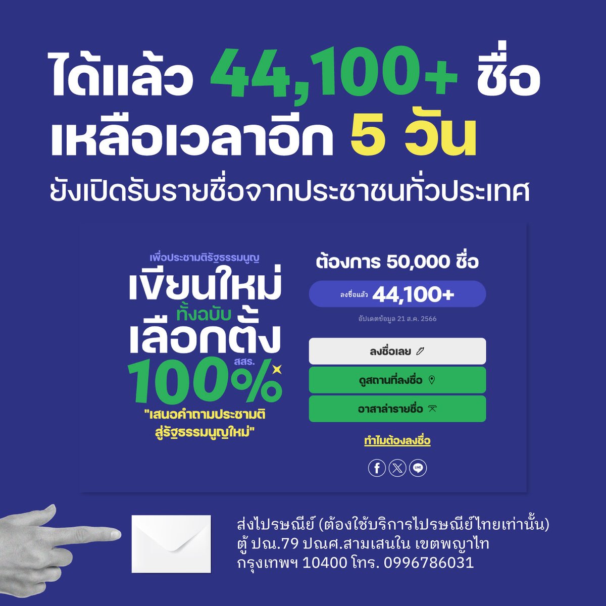 📝เราได้รายชื่อมาแล้ว 44,100+ รายชื่อ

นับถอยหลัง 5 วันสุดท้ายเพื่อให้ทันการประชุม ครม. นัดแรก

📮หากที่ใดเปิดรับรายชื่อก็ทยอยสามารถส่งมาให้เราได้ทันที ไม่ต้องรอจนแคมเปญปิดเพื่อจะได้มีเวลาในการจัดการเอกสาร

หาจุดลงชื่อหรือลงชื่อออนไลน์ได้ที่ conforall.com