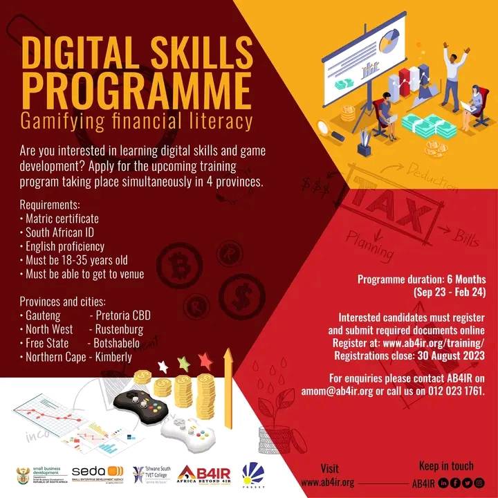 CALL FOR DIGITAL SKILLS PROGRAMME APPLICATIONS! Africa Beyond 4IR (Technology, Innovation, Incubation) is inviting individuals who are interested in learning digital skills and gaming development to apply for this 6-month training programme. The training will be rolled out in