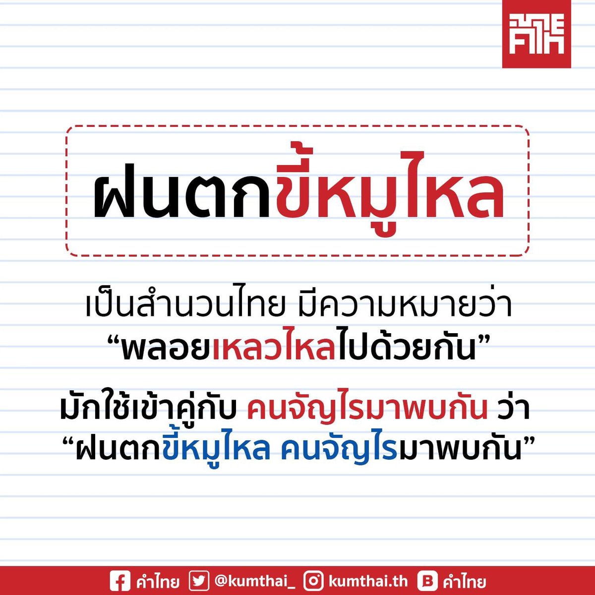 คำว่า “ฝนตกขี้หมูไหล” เป็นสำนวนไทย มีความหมายว่า “พลอยเหลวไหลไปด้วยกัน” มักใช้เข้าคู่กับ คนจัญไรมาพบกัน ว่า “ฝนตกขี้หมูไหล คนจัญไรมาพบกัน”