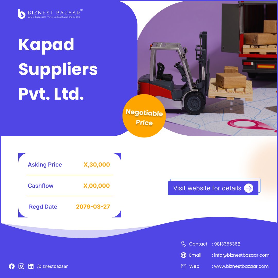 BiznestBazaar's tweet image. Kapad Suppliers with a 50 lakh revenue in the most recent fiscal year is on sale! !! Grab the opportunity 🎯

Business Link : biznestbazaar.com/browse/kapad-s…

👉 Connect. Buy. Sell | Business &amp;amp; Franchise with us !
#Biznest_Bazaar #DigitalNepal #GrowWithBiznest