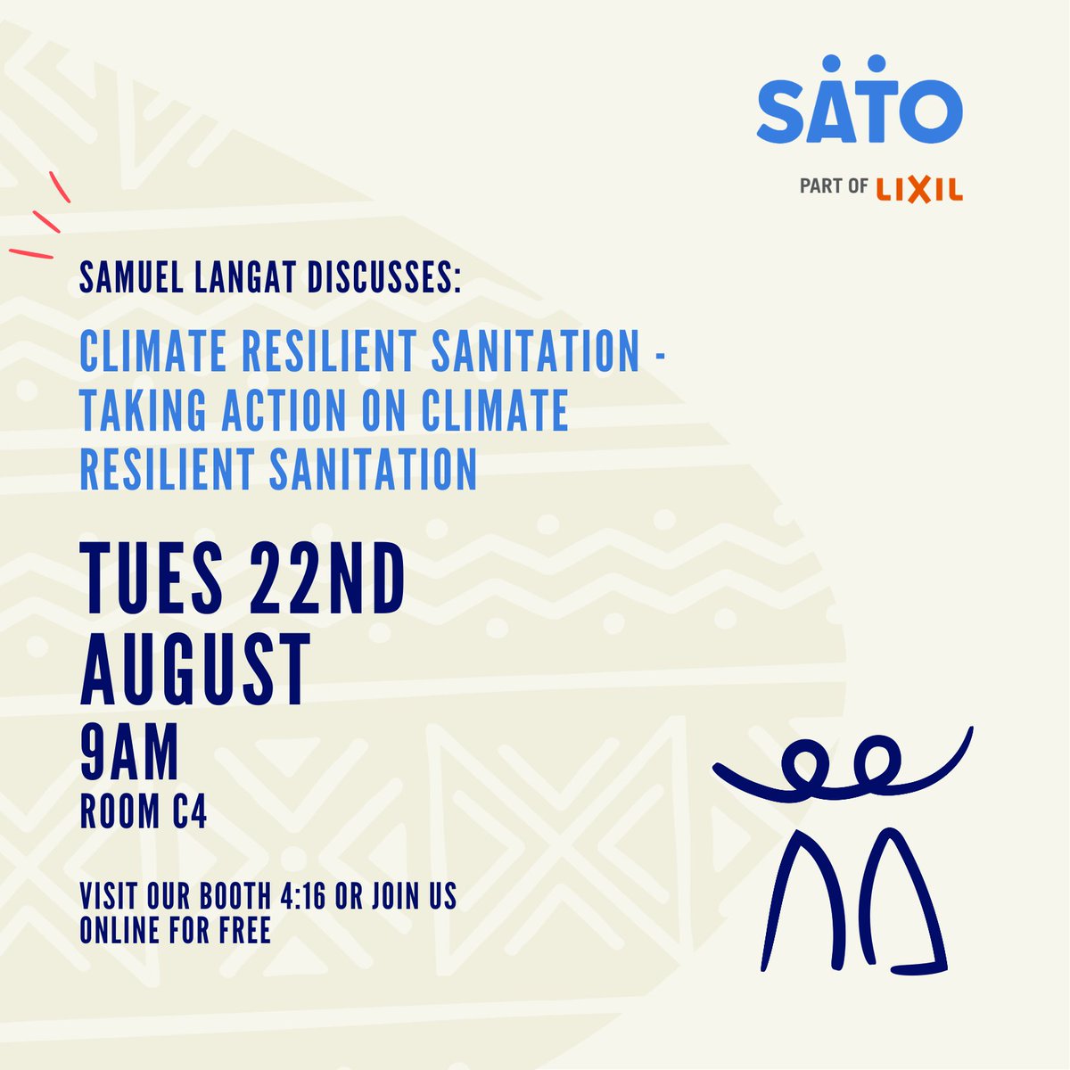 Join us at #WorldWaterWeek as Sam Langat, SATO Leader, Africa, discusses the vital link between climate resilience and sanitation solutions. Learn from experts worldwide about overcoming climate barriers to reliable sanitation. Register here: bit.ly/45rPKpu