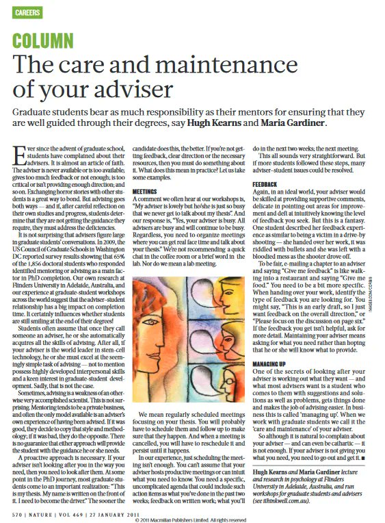 Starting a #PhD? You need to read this article about: The care and maintenance of your adviser/supervisor. Download the Nature article on this topic here. buff.ly/2PKIX7V #PhDchat #PhDforum #postgrad #academicchatter