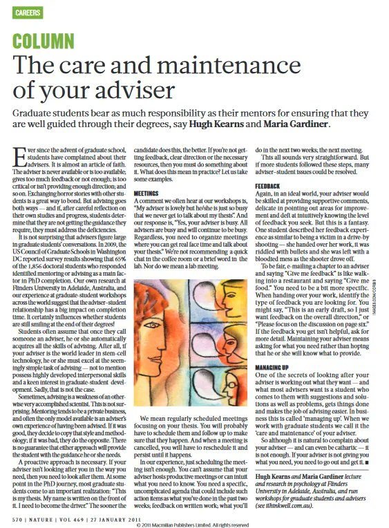 Starting a #PhD? You need to read this article about: The care and maintenance of your adviser/supervisor. Download the Nature article on this topic here. buff.ly/2PKIX7V  #PhDchat #PhDforum #postgrad #academicchatter