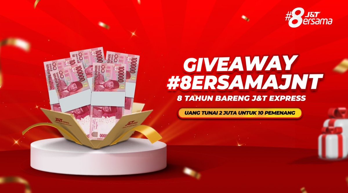⚠️ GIVEAWAY 8 TAHUN J&amp;T EXPRESS ⚠️

Hari ini banget nih mimin bakal Giveaway 2 JUTA untuk 10 orang pemenang!!

1. Follow akun <a href="/jntexpressid/">J&T Express Indonesia</a>
2. RT &amp; LIKE tweet ini
3. Reply "8 tahun bareng J&amp;T Express” sebanyak banyak nya diakhiri hastag #8ERSAMAJNT

Good luck, J&amp;T Friends! ❤️