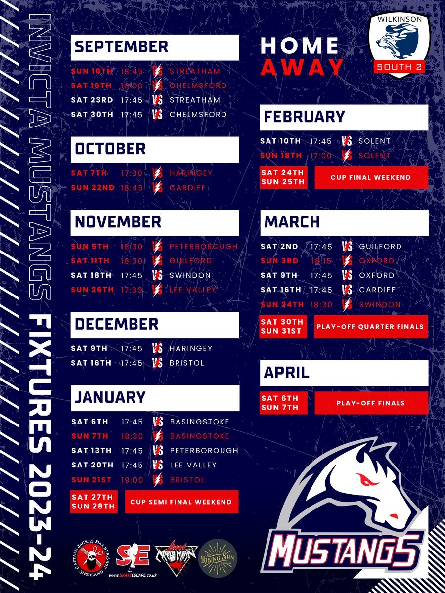 The 2023/24 NIHL2 South fixtures are out! Save the dates and come support your Invicta Mustangs.