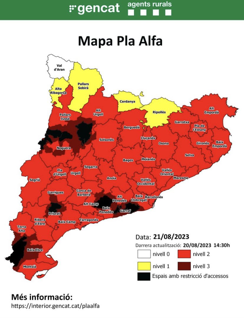montse_font's tweet photo. Primer dia d’aquest estiu on el mapa de perill ja comença a fer por. I encara ens queden dies de calorada i baixes humitats, per això el pla alfa determina les restriccions, per evitar incendis forestals per l’acció humana. Cal evitar accions que puguin ser generadores d’incendis https://t.co/fXpgUX6Nb2