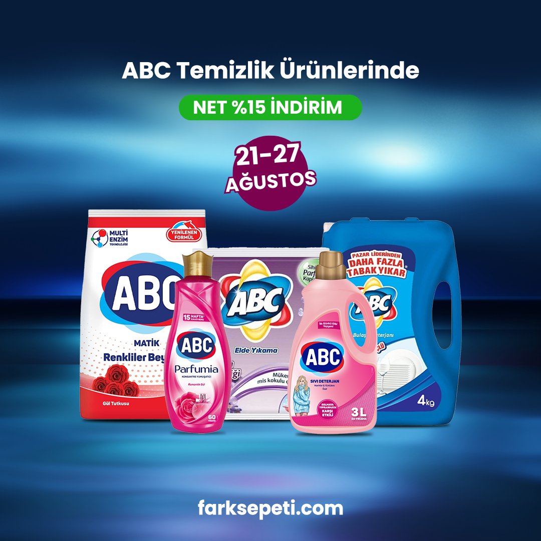 🧼Abc temizlik ürünlerinde %15 indirim
📲Hemen sipariş vermek  için farksepeti.com a tıklayabilirsiniz
#abc #deterjan #temzilik #market #süpermarket #indirim