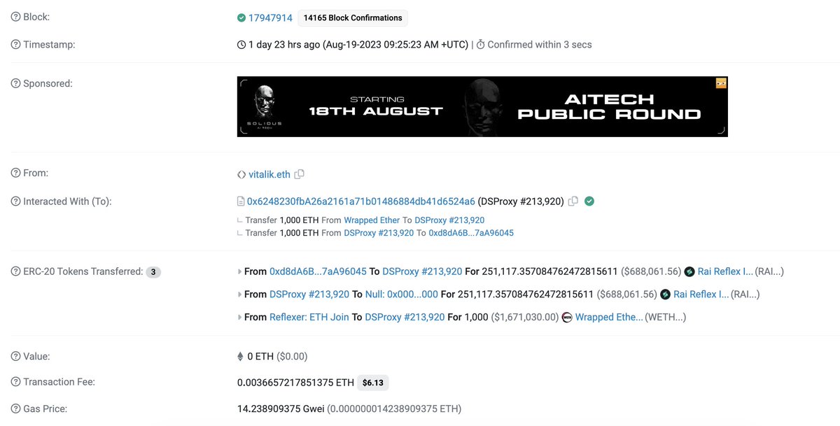 lookonchain's tweet photo. vitalik.eth repaid 251K $RAI on #Maker and withdrew 1,000 $ETH($1.67M) yesterday.

Then deposited 600 $ETH($1M) to #Coinbase 5 hrs ago.

https://t.co/pw8ekIYSs1 https://t.co/rkJo42OSlq