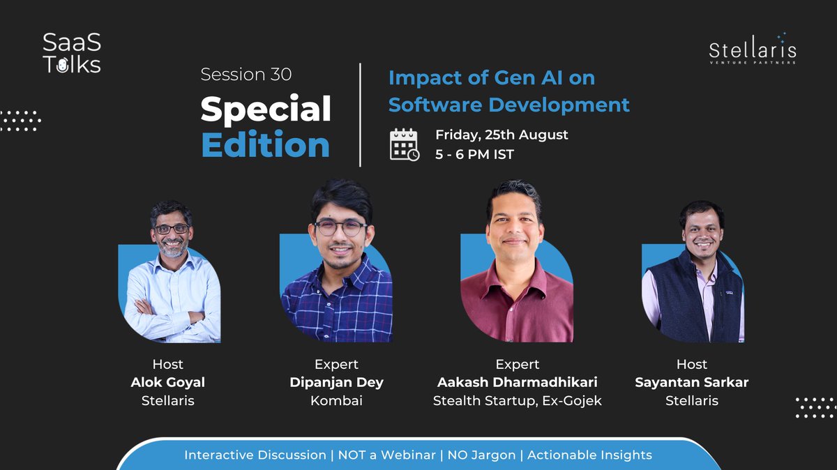 Stellaris Venture Partners (@stellaris_vp) on Twitter photo Join us for this special edition of #SaaSTalks where we’ll explore how Gen AI & heuristics can combine to significantly enhance developer productivity
🗓️Fri 25 Aug, 5 PM IST
In conversation w/ <a href="/Dipanjan_Dey/">Dipanjan Dey</a> & <a href="/aakashd/">aakash dharmadhikari</a>
RSVP: lu.ma/jv9xfir7
<a href="/alokgoyal1971/">Alok Goyal</a> <a href="/sarkar1028/">Sayantan Sarkar</a> Join us for this special edition of #SaaSTalks where we’ll explore how Gen AI & heuristics can combine to significantly enhance developer productivity
🗓️Fri 25 Aug, 5 PM IST
In conversation w/ <a href="/Dipanjan_Dey/">Dipanjan Dey</a> & <a href="/aakashd/">aakash dharmadhikari</a>
RSVP: lu.ma/jv9xfir7
<a href="/alokgoyal1971/">Alok Goyal</a> <a href="/sarkar1028/">Sayantan Sarkar</a>