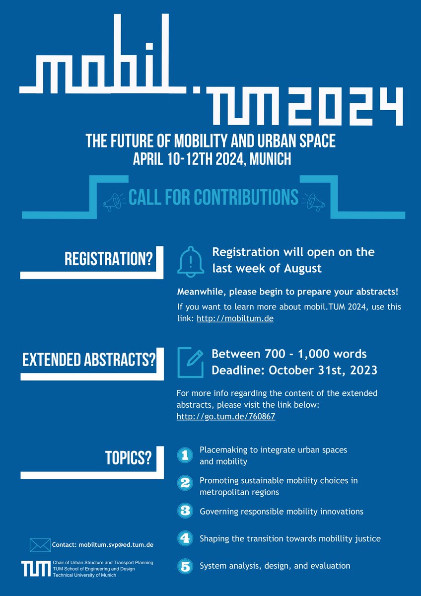 openLAB Urban Mobility (@tumopenlab) on Twitter photo 🗓️ SAVE THE DATE!
Mark your calendars for mobil.TUM 2024 - The Future of Mobility and Urban Space conference, hosted by <a href="/TU_Muenchen/">TU München</a> from April 10th to 12th, 2024, in Munich. Registration opens the last week of August 2023. All information here: mobiltum.de 🗓️ SAVE THE DATE!
Mark your calendars for mobil.TUM 2024 - The Future of Mobility and Urban Space conference, hosted by <a href="/TU_Muenchen/">TU München</a> from April 10th to 12th, 2024, in Munich. Registration opens the last week of August 2023. All information here: mobiltum.de