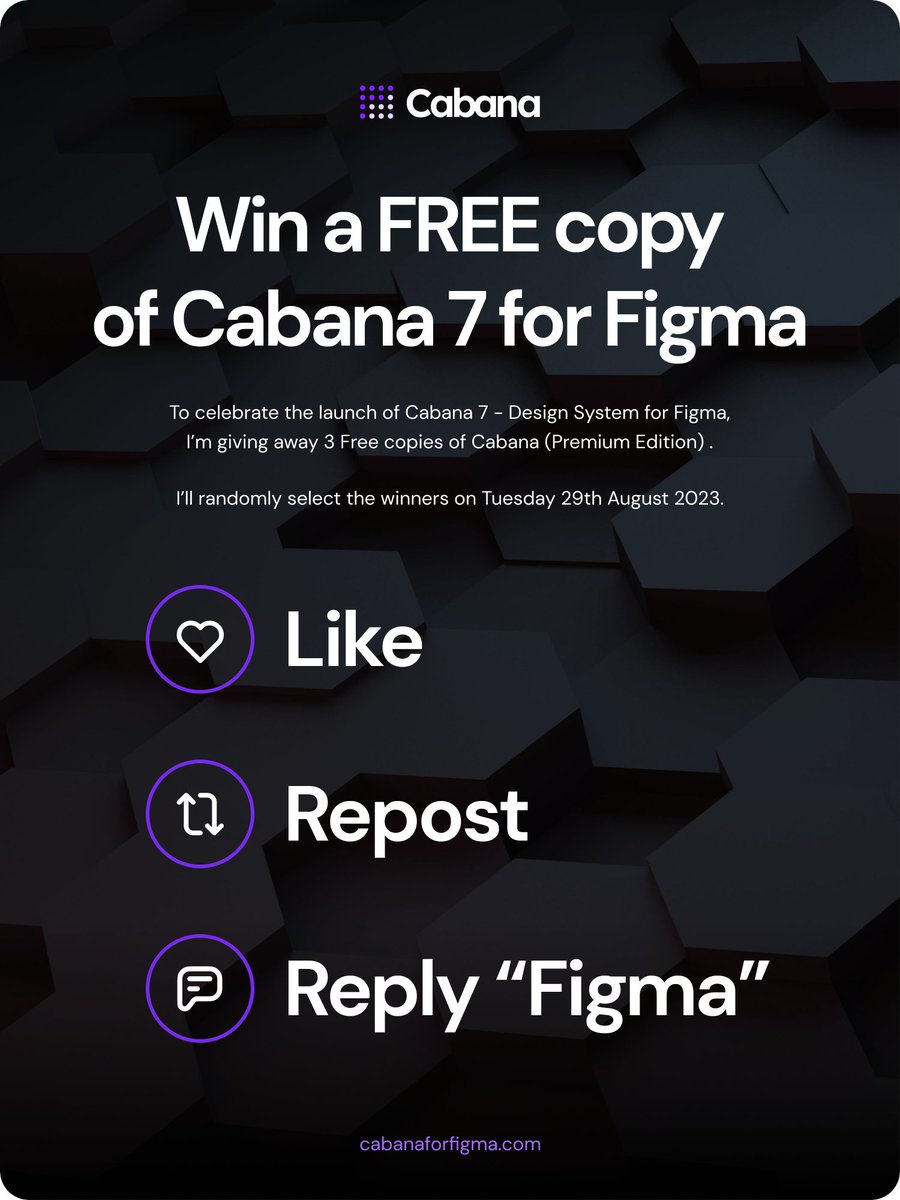 To celebrate the launch of Cabana 7, my Design System for <a href="/figma/">Figma</a>, I'm giving away 3 FREE copies of Cabana (Premium Edition) 🎉

Like, Repost &amp; Reply to be in with winning 🎉

I'll randomly select 3 winners on 29th August 2023 🏆

cabanaforfigma.com