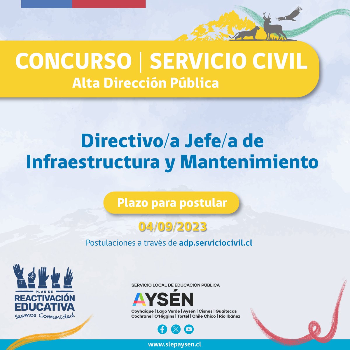 Estamos en la búsqueda de nuestro jefe/a de infraestructura y mantenimiento. Te invitamos a revisar toda la información en el siguiente enlace
👇👇
adp.serviciocivil.cl/concursos-spl/…
Esperamos tu postulación hasta el lunes 4 de septiembre 2023. Ayúdanos a compartir.