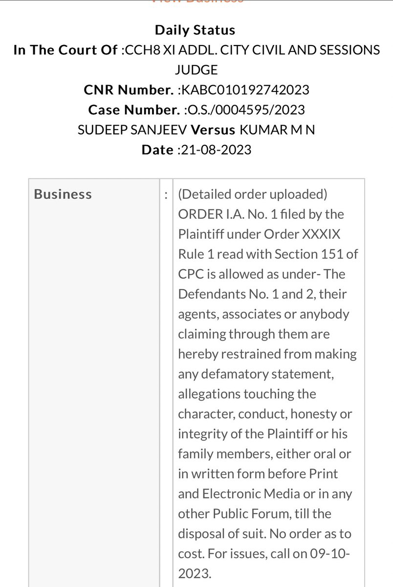 chitraloka's tweet photo. Court restrains MN kumar and NM Suresh not to make any defamatory statements against Kichcha Sudeep in print or in electronic media or in any public forum till the case is disposed off
#chitraloka #kichchasudeep #mnkumar #nmsuresh #defematorycase #courtorder @KicchaSudeep https://t.co/Ug32PrsQvk
