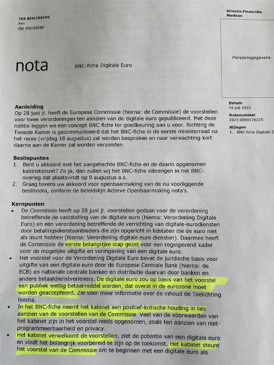 PvanHouwelingen's tweet photo. Net binnen, een brief waarin het (demissionaire!) kabinet het uiterst controversiële voorstel voor invoering van een digitale euro “verwelkomt” en “steunt”. Er komt bovendien een acceptatieplicht en de mogelijkheid de digitale euro te koppelen aan de “European Digital Identity”: https://t.co/vkRzXZ8Sn3