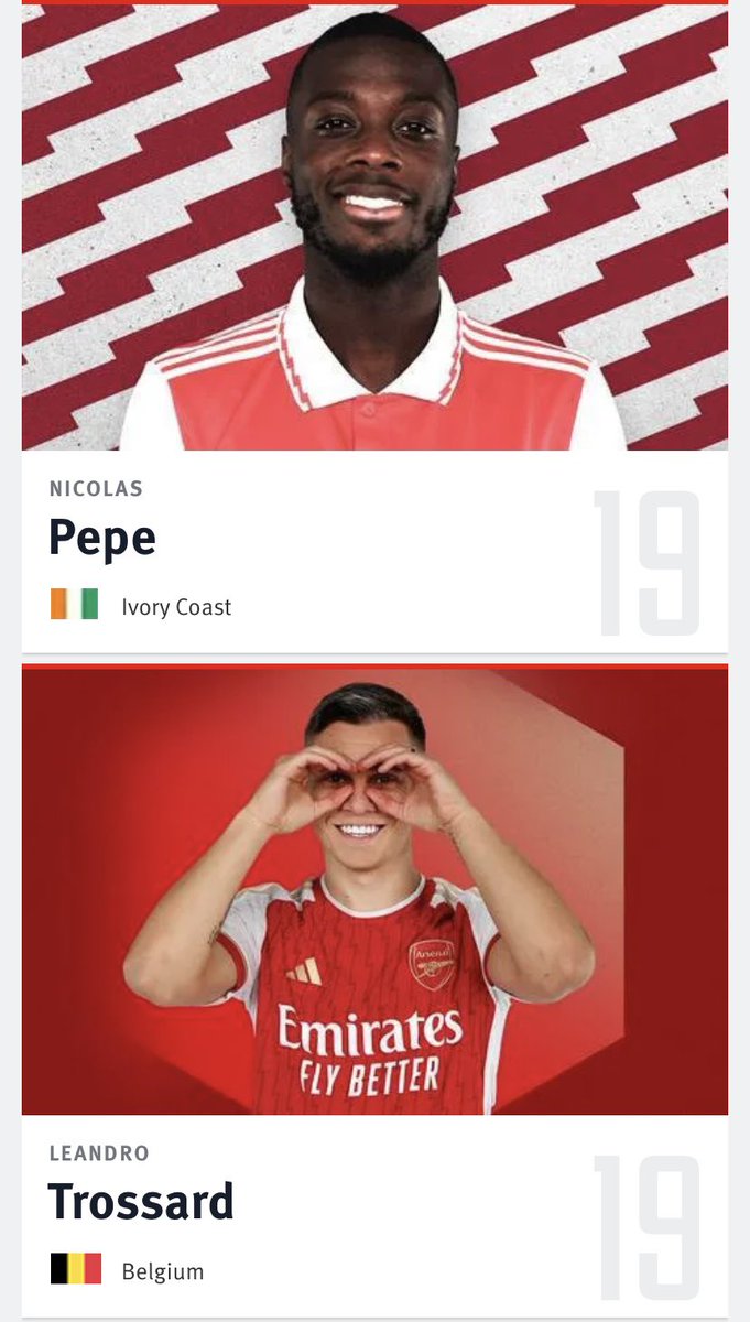 AFCCrown's tweet image. Pepe and Trossard are both number 19 according to the Arsenal website 😂 I wonder who will change if Pepe were to stay 👀