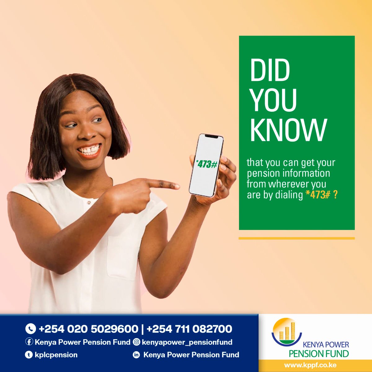 kplcpension's tweet photo. Convenience at your fingertips! Simply dial *473# and stay informed about your pension details.

#EChannels #USSD #KPPF #KenyaPower #Retirement #RetirementSavings #Pensions #Pension #PensionSchemes https://t.co/u6XTvGRRXI