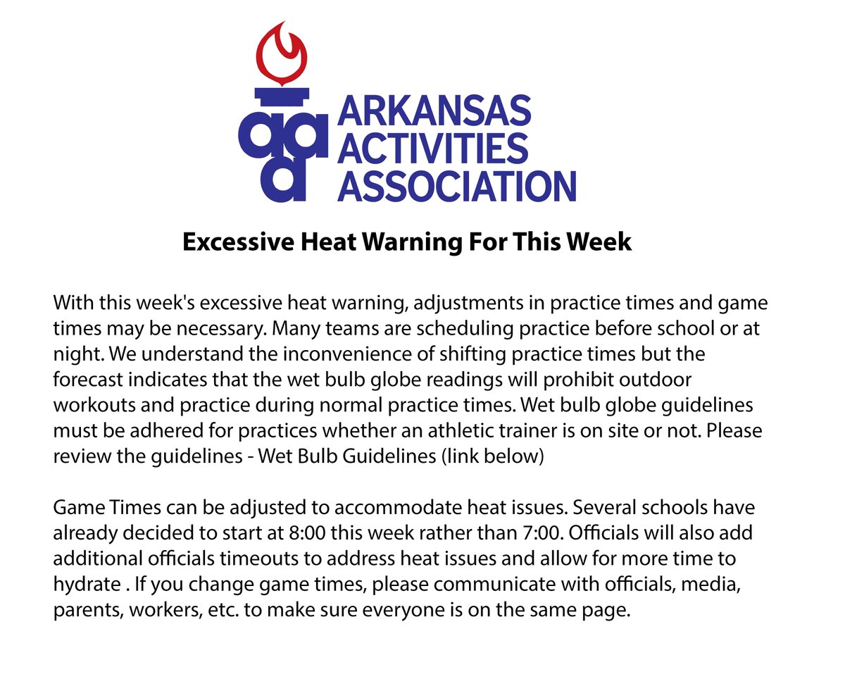 ArkActAssn's tweet photo. Stay hydrated this week and look for updates from your school district on game/practice time changes!

Wet bulb guidelines: https://t.co/7YGyF8oj1b https://t.co/42pqeJkxss