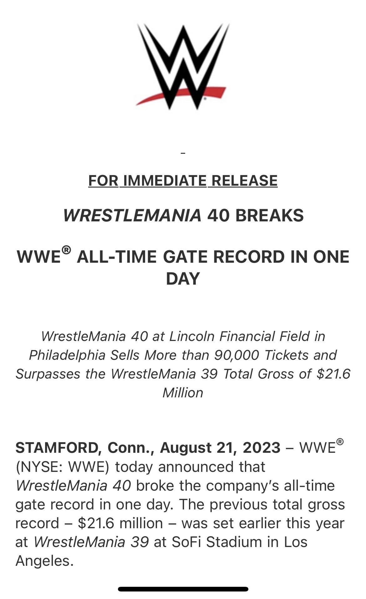 WRESTLEMANIA 40 BREAKS ALL-TIME GATE RECORD IN JUST ONE DAY