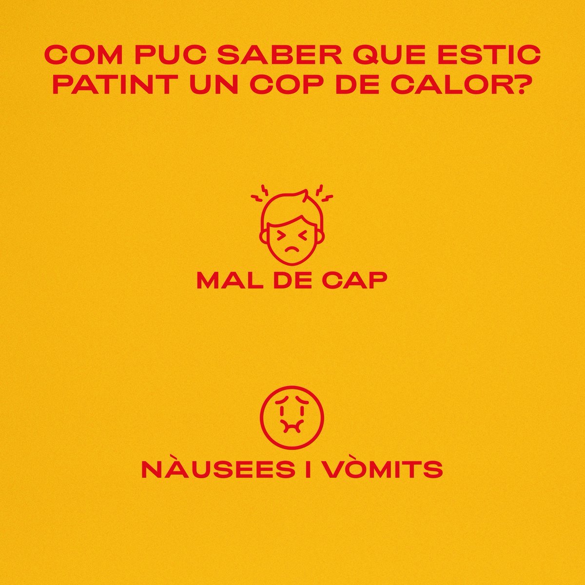 salutcat's tweet photo. 🥵 Com puc saber que estic patint un cop de calor?

Augment de la temperatura;
Mal de cap i nàusees;
Pell calenta i no suada;
Respiració i freqüència cardíaca accelerades;
Alteracions de l’estat mental.

📞 Truca al 061 Salut Respon; el cop de calor és una emergència mèdica. https://t.co/dR0wJMa553