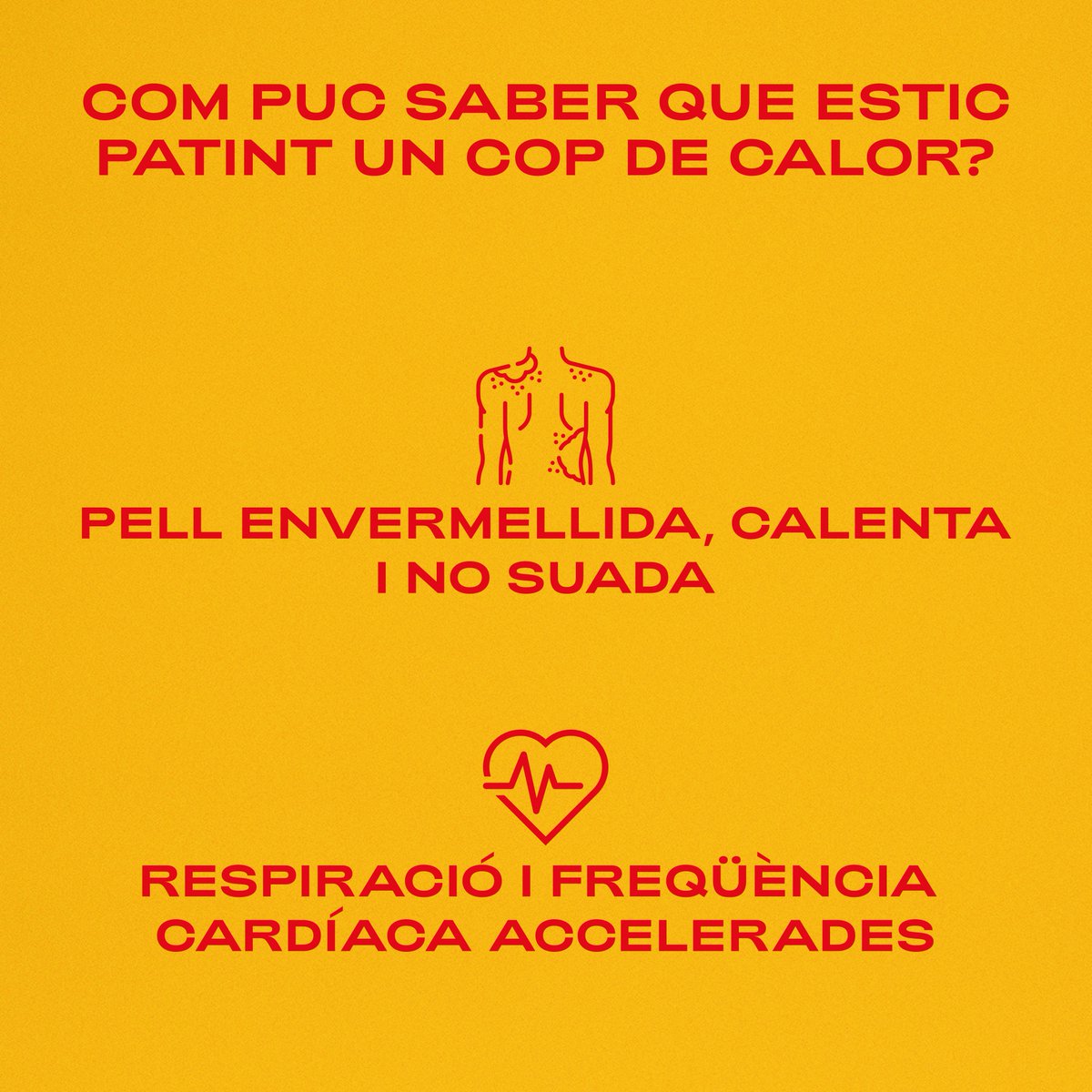 salutcat's tweet photo. 🥵 Com puc saber que estic patint un cop de calor?

Augment de la temperatura;
Mal de cap i nàusees;
Pell calenta i no suada;
Respiració i freqüència cardíaca accelerades;
Alteracions de l’estat mental.

📞 Truca al 061 Salut Respon; el cop de calor és una emergència mèdica. https://t.co/dR0wJMa553