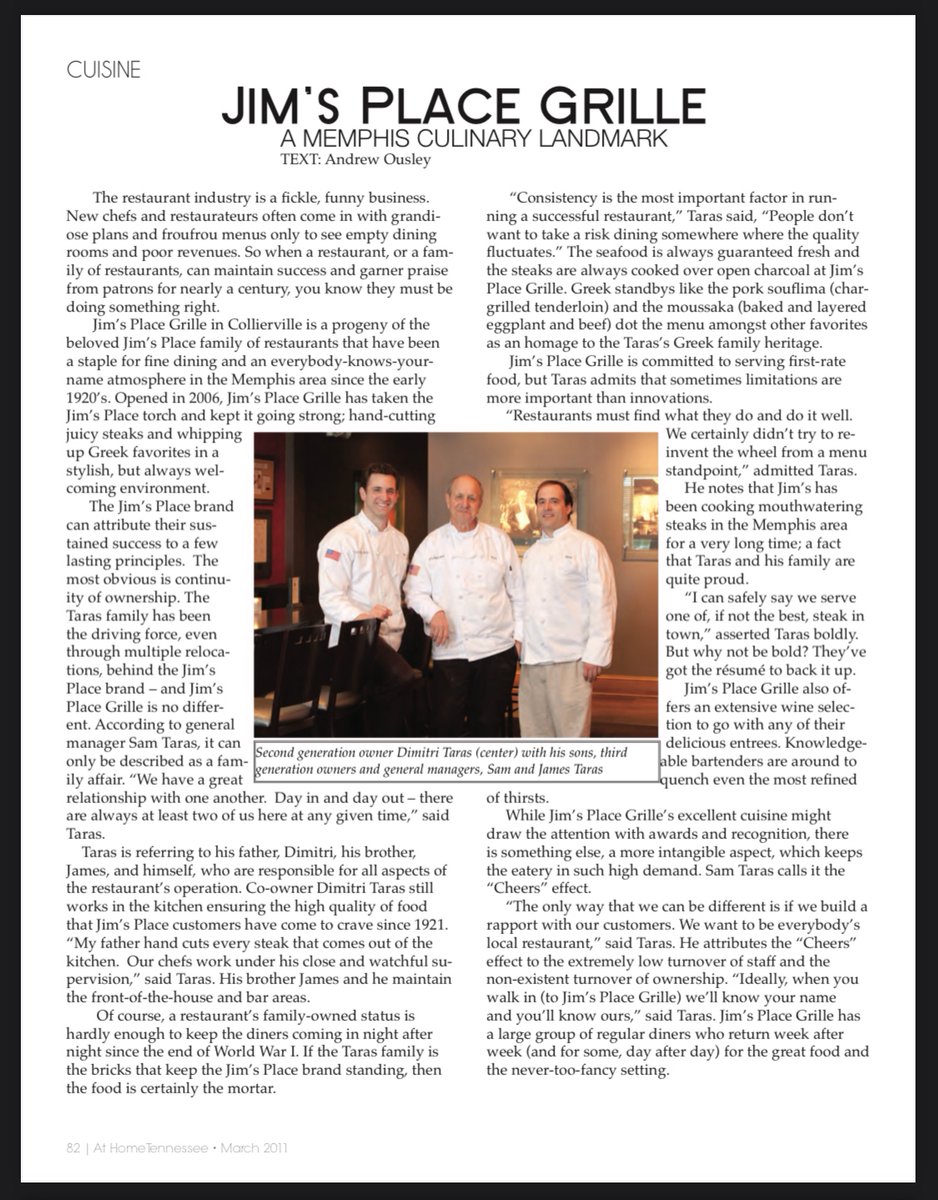 jimsplacegrille's tweet photo. In celebration of our fearless Co-Founder, Sam Taras' birthday, we're throwing it back to what he said in a 2011 edition of At Home Memphis &amp; Mid South Magazine! Today and everyday, we are thankful for the way you make everyone feel welcome. Cheers to you 🥂🎂 #jimsplacegrille https://t.co/noKFC9Yf92
