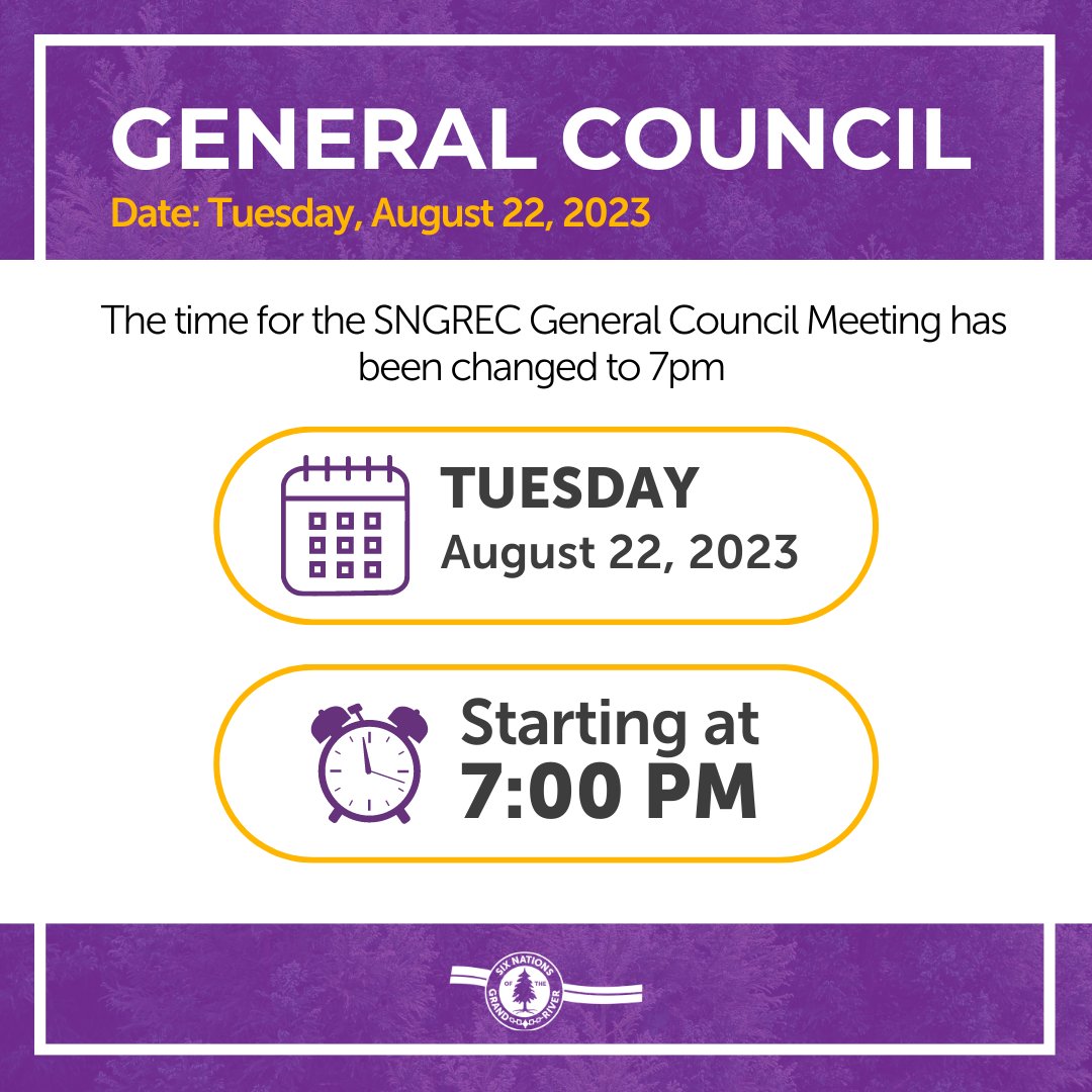 SixNationsGR's tweet photo. With our elected officials away in meetings, SNGREC has made changed times and dates of meetings for the week of Aug 21 to 25.
SNGREC General Council meeting will take place Tuesday, August 22 at 7pm.
SNGREC General Finance meeting has been moved to Wednesday, August 23 at 9am. https://t.co/BhJ0mg60sC