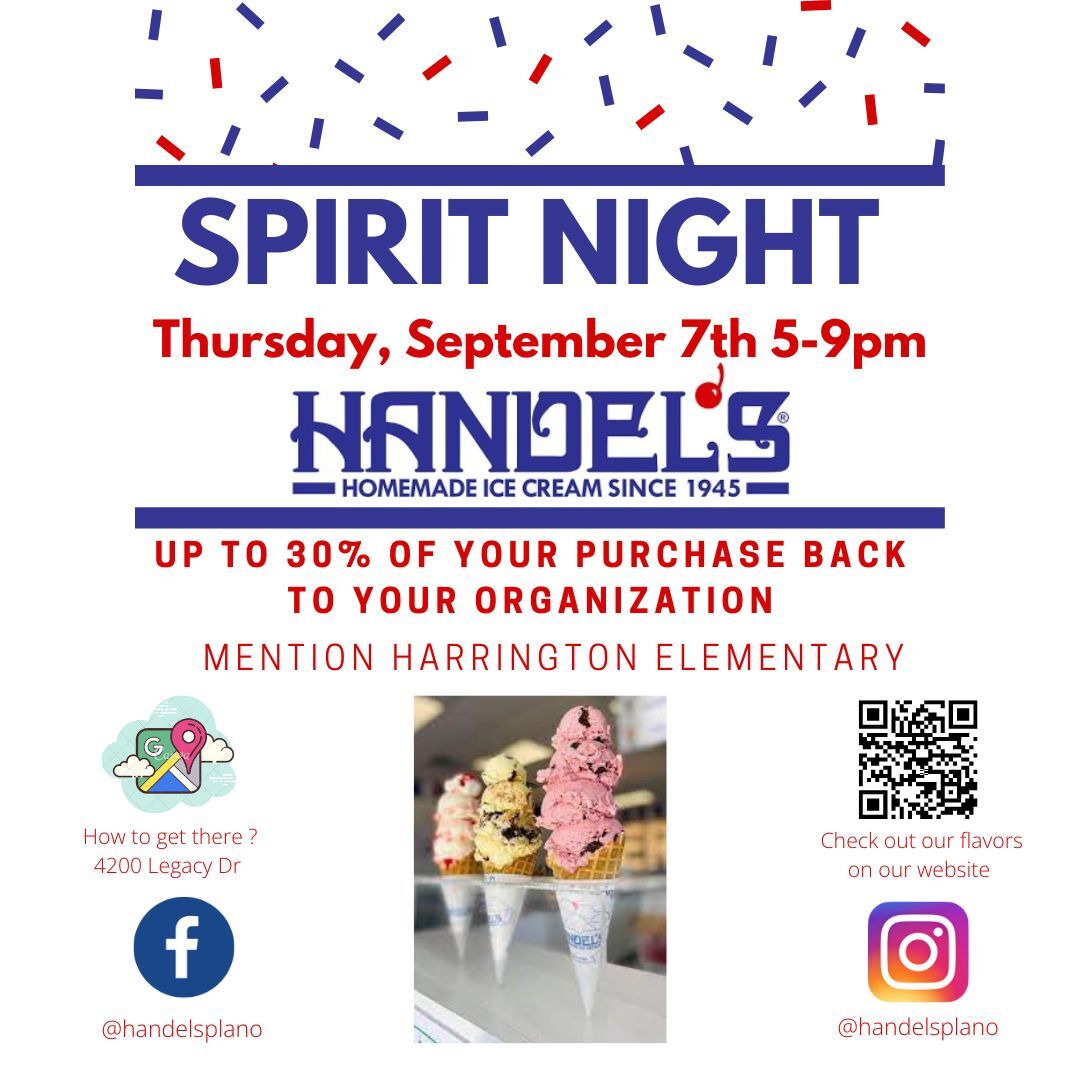 harrington_pta's tweet photo. Save the Date!  September Spirit Night at Handel's Ice Cream, Thursday, September 7.

@Harrington_El https://t.co/VvSelJHldx